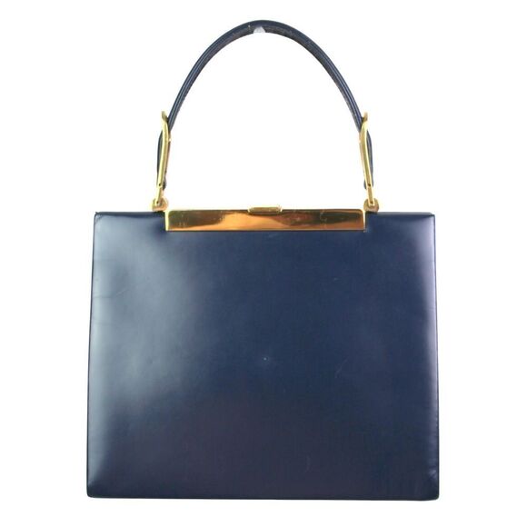 VINTAGE J. W Robinson & Co LA NAVY BLUE LEATHER FRAME HANDBAG SATCHEL POCKETBOOK - Picture 1 of 16